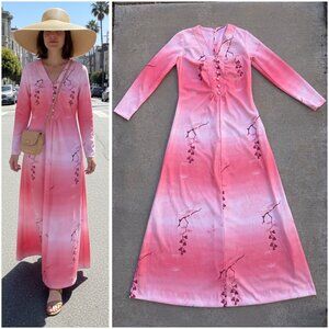 Vintage 60s 70s Japan Inspired Cherry Blossom Maxi Dress